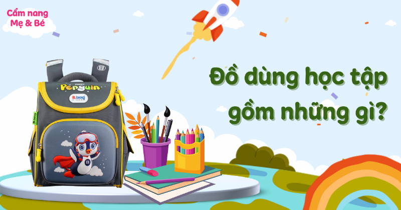 Dụng cụ vẽ đồng phục học sinh gồm bút chì, giấy, thước, màu sắc